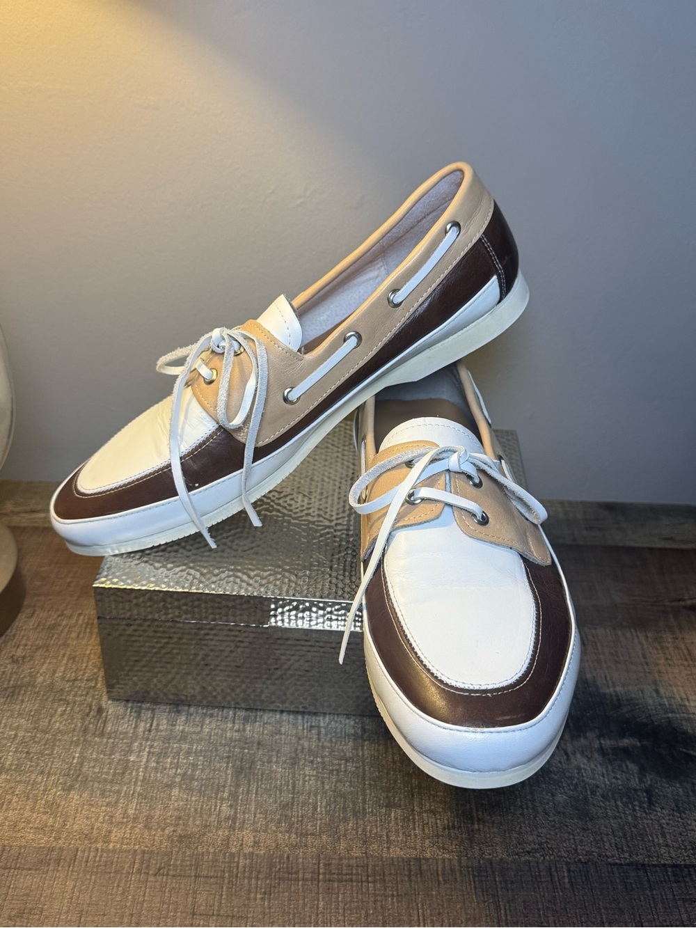Pinocchio Italy Leather Boat Shoes Loafers 3 Tone White Tan Brown Size 8
